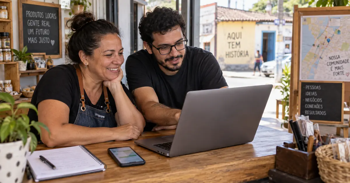 Empreendedora e profissional de tecnologia analisam um site para negócio local em ambiente real de trabalho