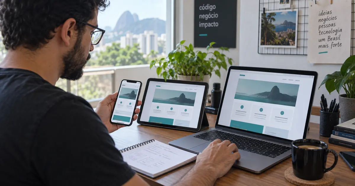 Desenvolvedor testa a mesma página responsiva em celular, tablet e notebook
