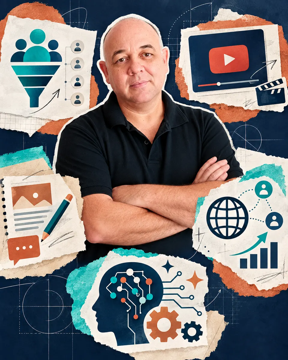Prof. Paulo Ellias em colagem editorial sobre tecnologia, conteúdo e presença digital